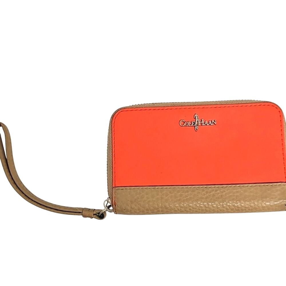 Cole Haan Women Orange Tan Leather Travel Wristlet Clutch Wallet CC Slots 6"x4"